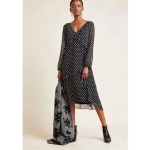 Maeve by Anthropologie Sheer PolkaDot Ruffle Midi Dress Womens Small Black/White